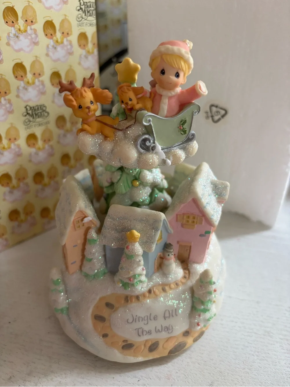 Precious Moments pastel pink and mint glitter holiday village figurine